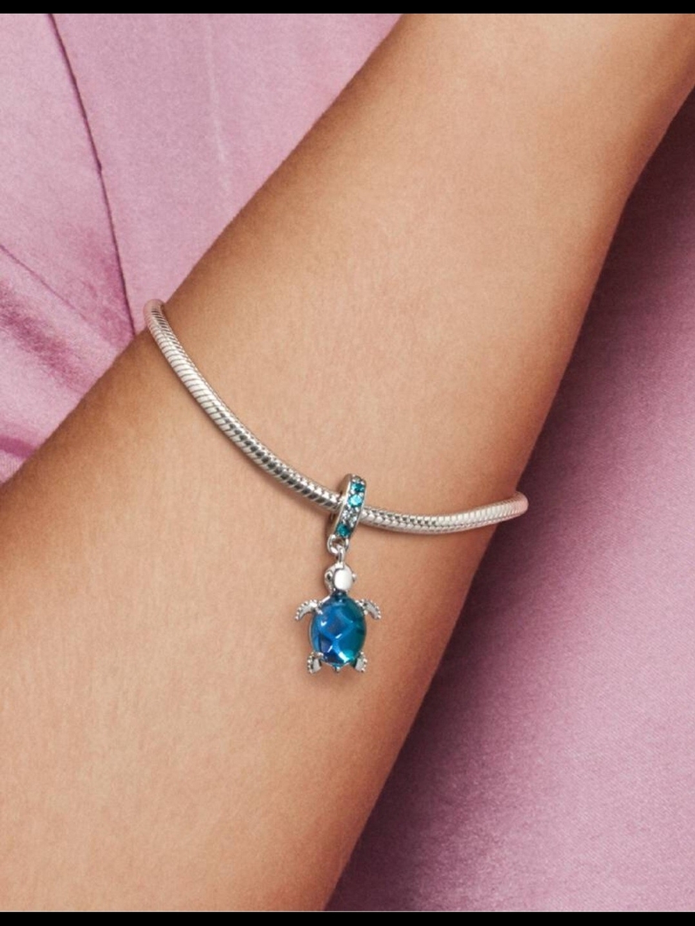 Pandora Silver Heart Clasp  Bracelet with Blue Turtle Dangle Charm